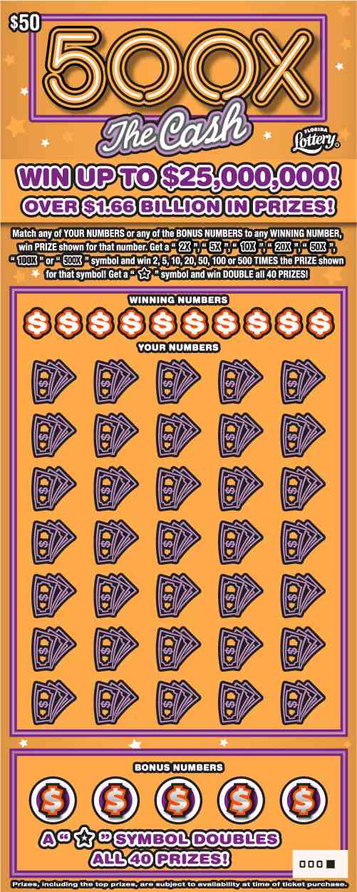 500X THE CASH scratchcard - game number #1555 - front