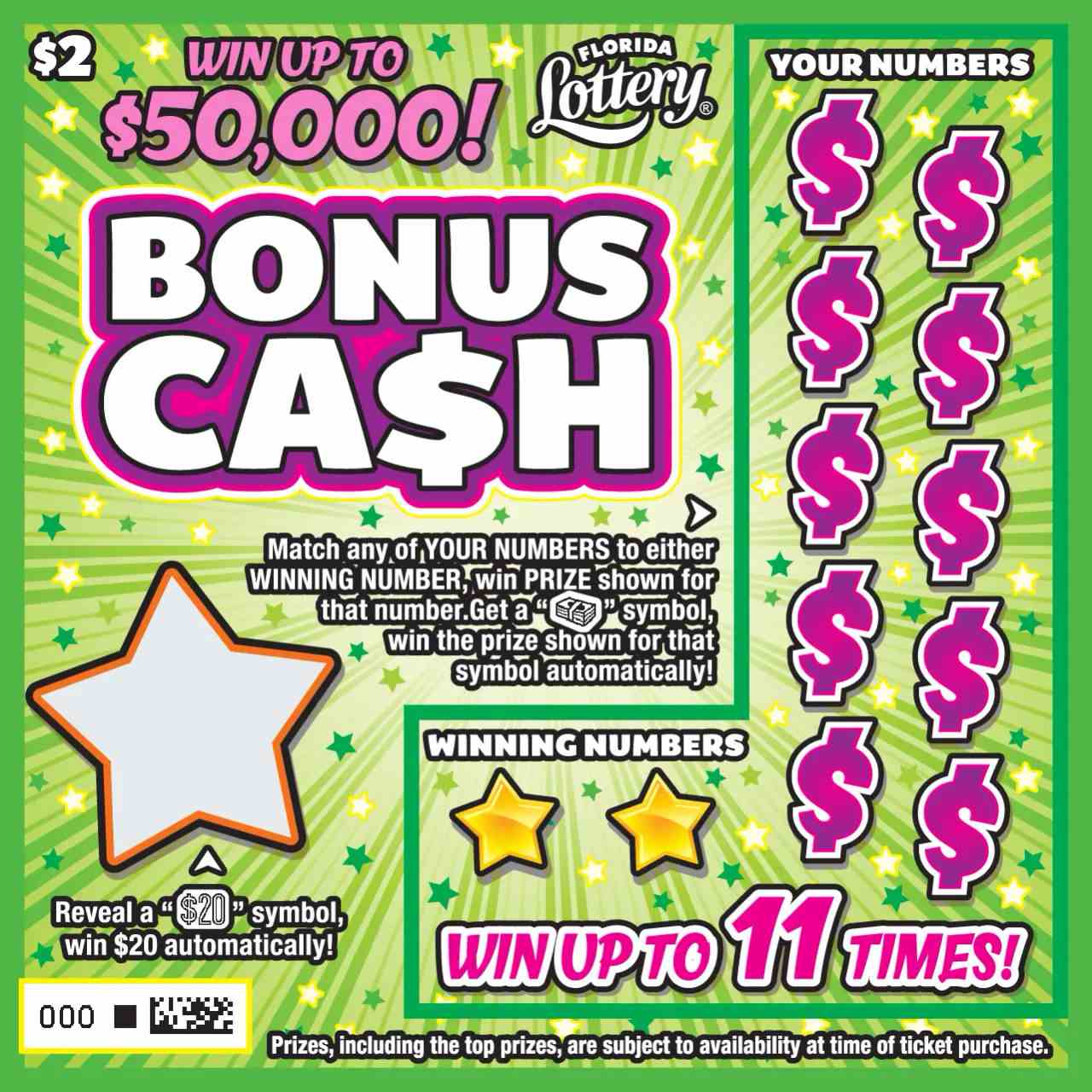 BONUS CASH scratchcard - game number #7021 - front