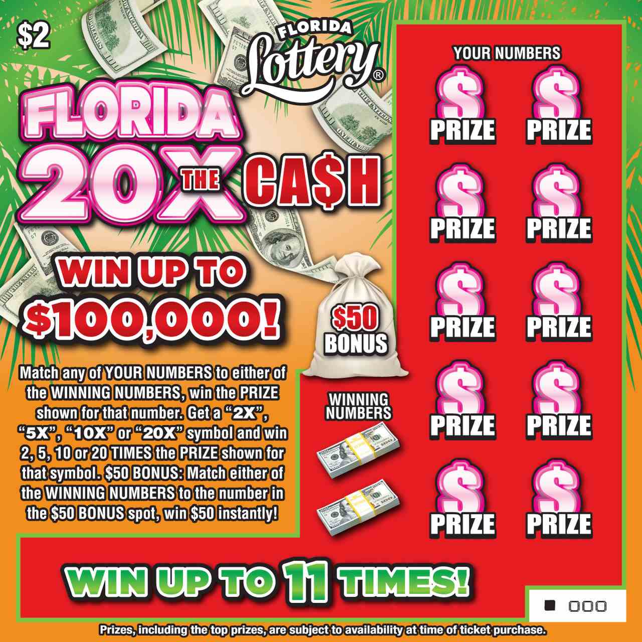 FLORIDA 20X THE CASH scratchcard - game number #5045 - front