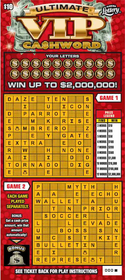 Ultimate Vip Cashword scratchcard - game number #1582 - front