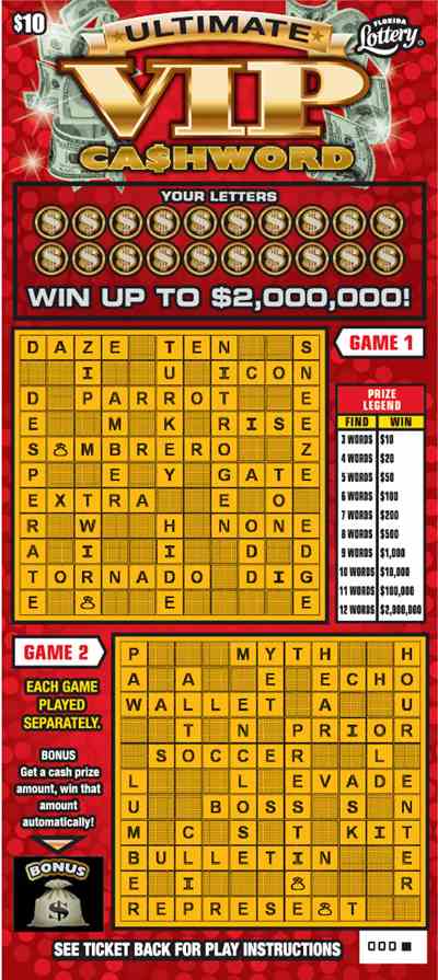 Ultimate Vip Cashword scratchcard - game number #1582 - front