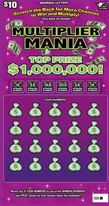 $10 Multiplier Mania scratchcard - game number #1638 - front