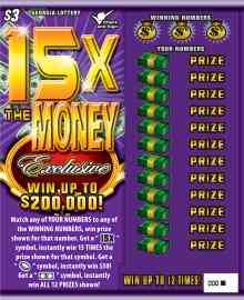 15X The Money Exclusive scratchcard - game number #1155 - front