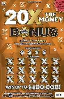 20X The Money Bonus Doubler scratchcard - game number #1859 - front