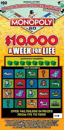 Monopoly $10,000 A Week For L scratchcard - game number #1579 - front