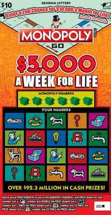 Monopoly $5,000 A Week For Li scratchcard - game number #1578 - front
