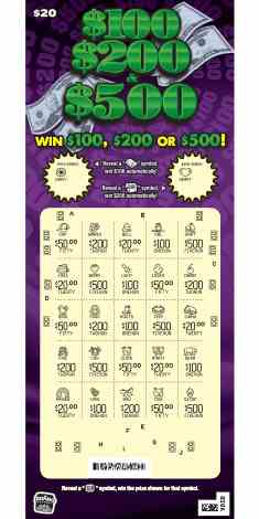 $100, $200 & $500 scratchcard - game number #1869 - front-scratched