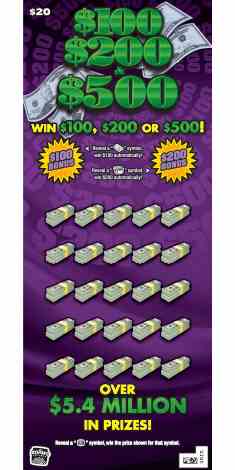 $100, $200 & $500 scratchcard - game number #1869 - front