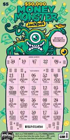 $50,000 Money Monster Jackpot scratchcard - game number #1872 - front-scratched