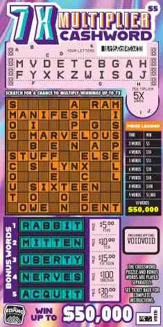 7X Multiplier Cashword scratchcard - game number #1837 - front-scratched