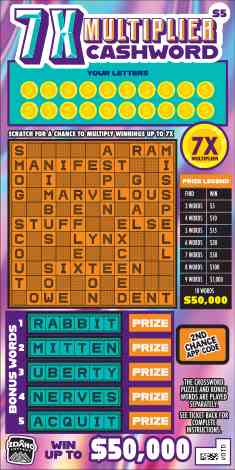 7X Multiplier Cashword scratchcard - game number #1837 - front