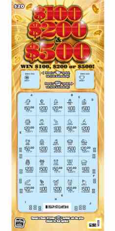 Win $100, $200 Or $500 scratchcard - game number #1833 - front-scratched