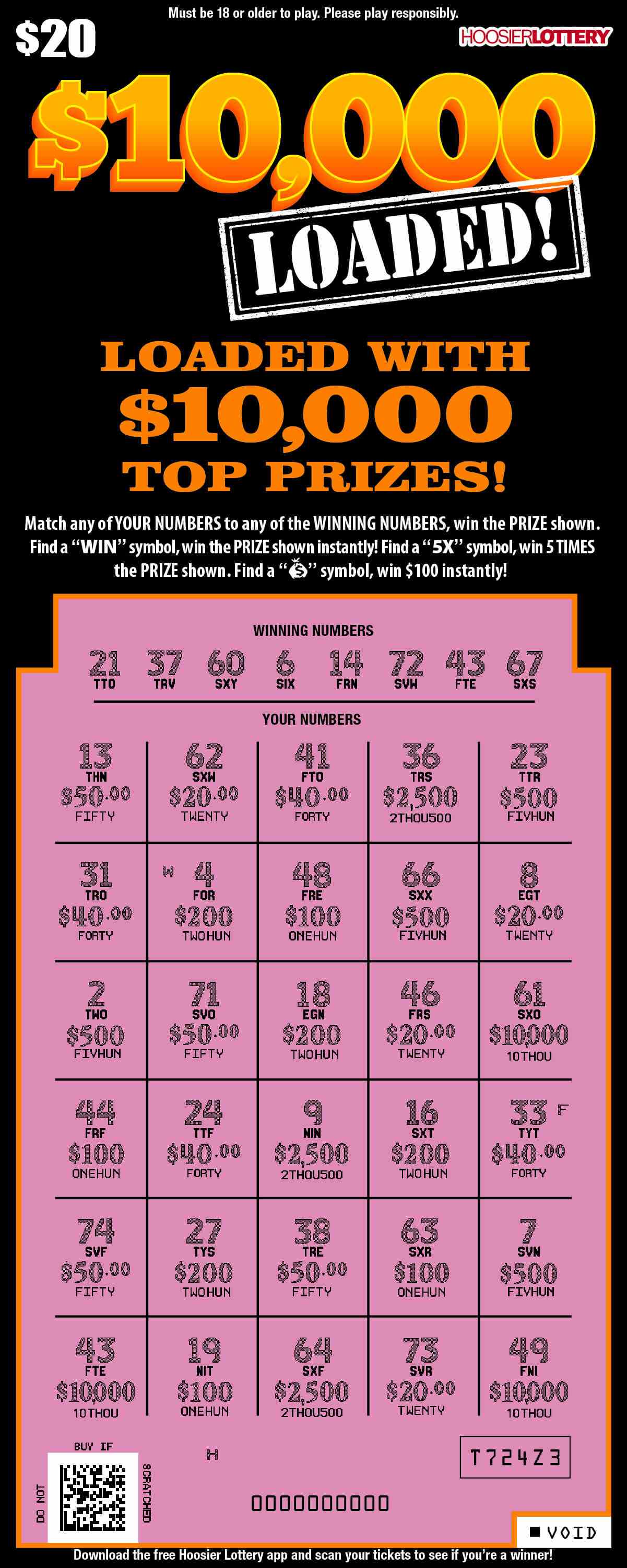 $10,000 Loaded! scratchcard - game number #2453 - front-scratched