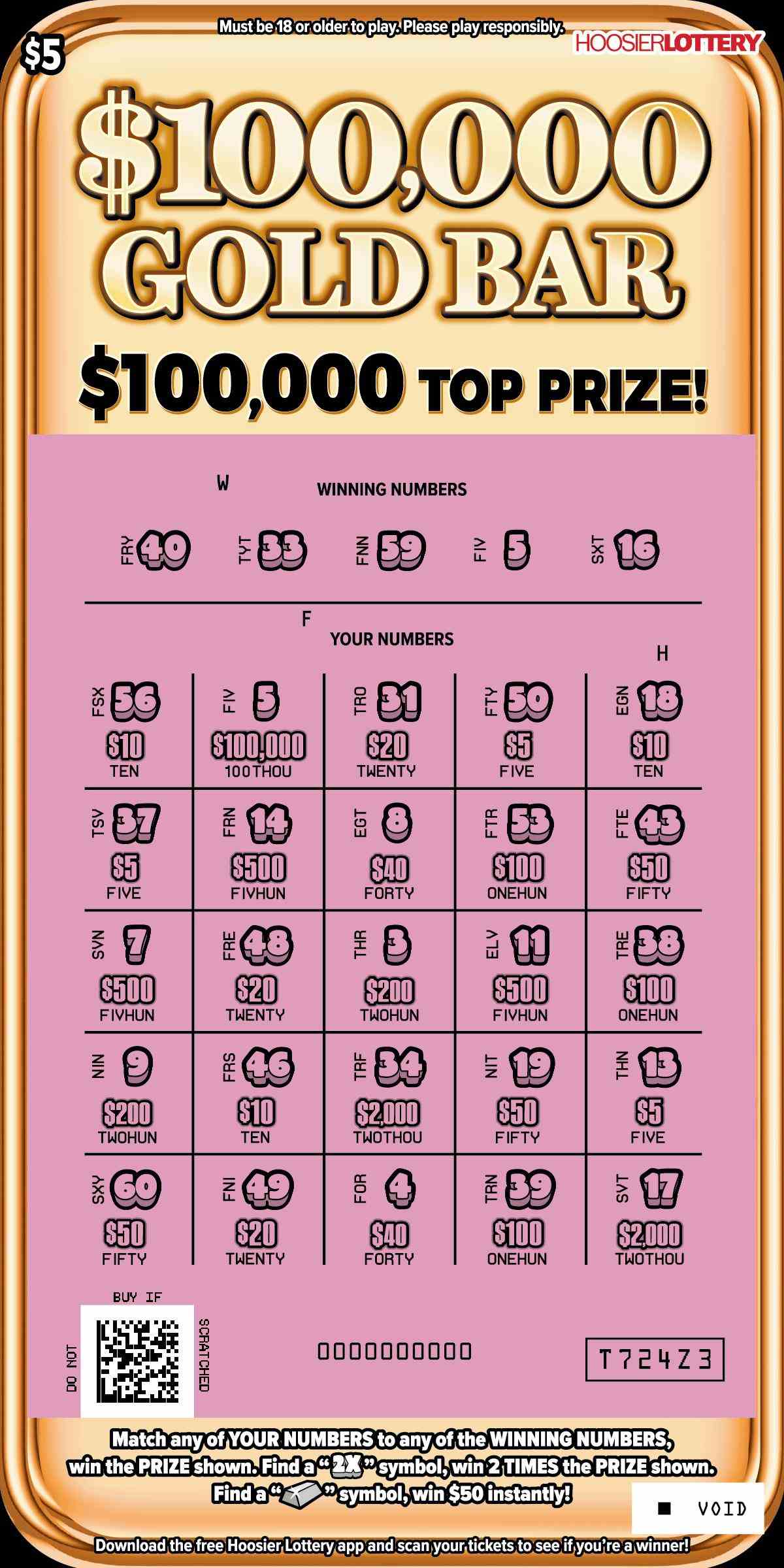 $100,000 Gold Bar scratchcard - game number #2629 - front-scratched