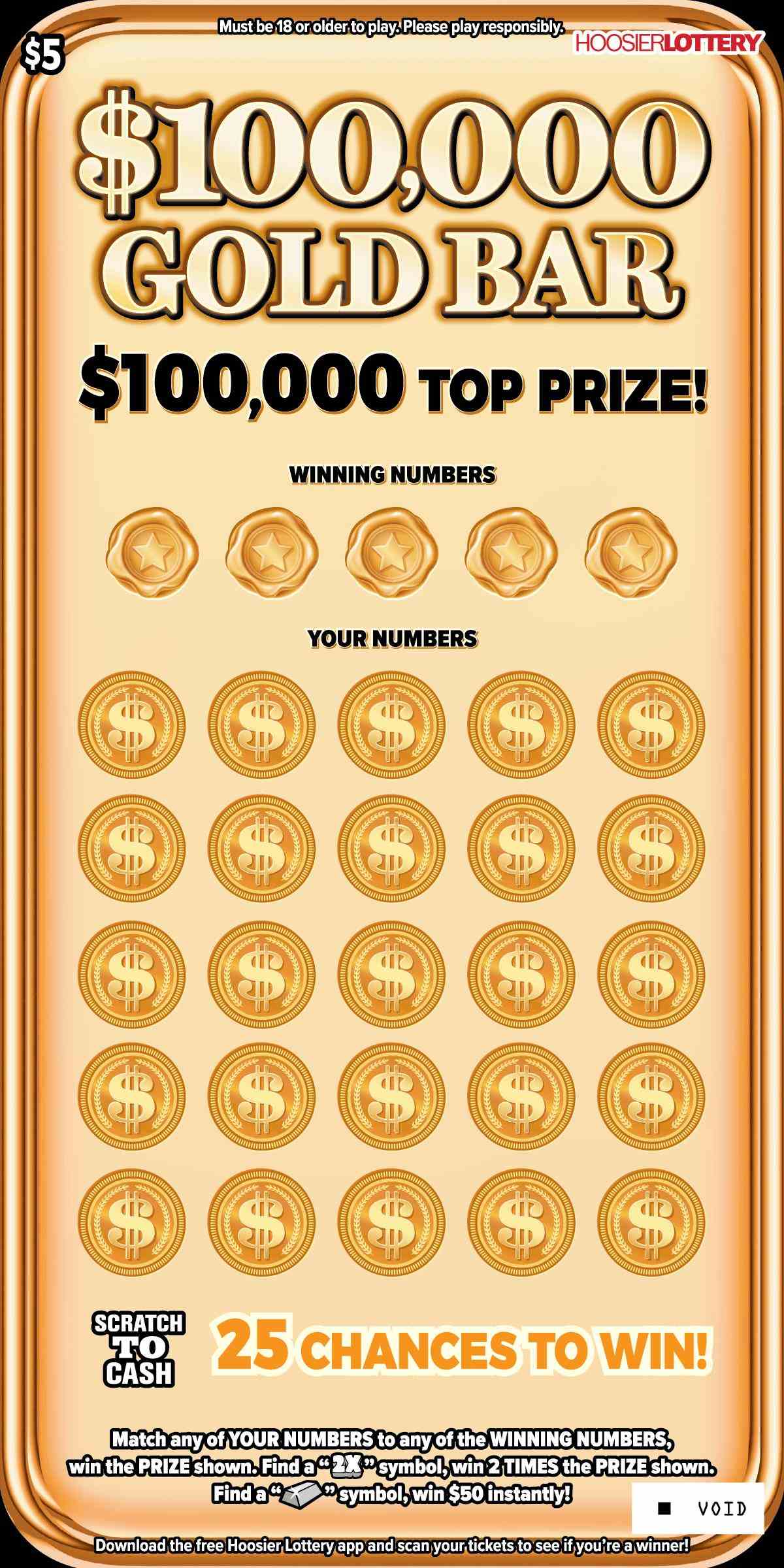 $100,000 Gold Bar scratchcard - game number #2629 - front