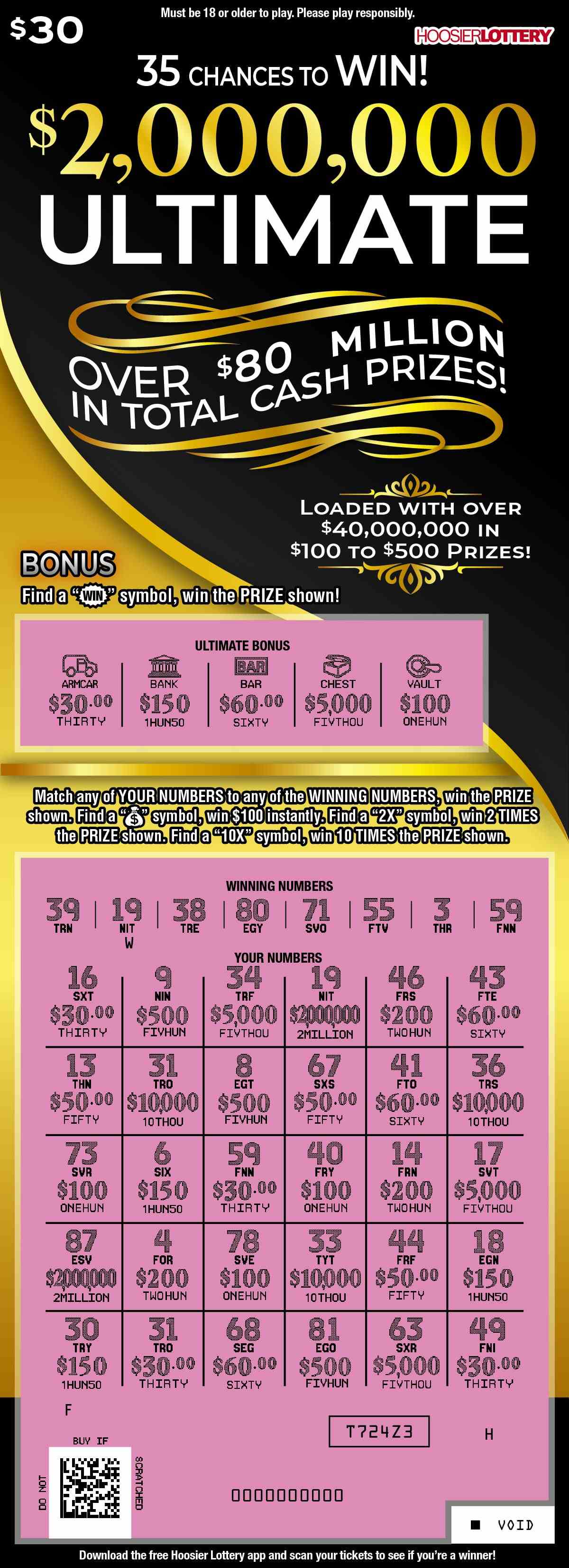 $2,000,000 Ultimate scratchcard - game number #2575 - front-scratched
