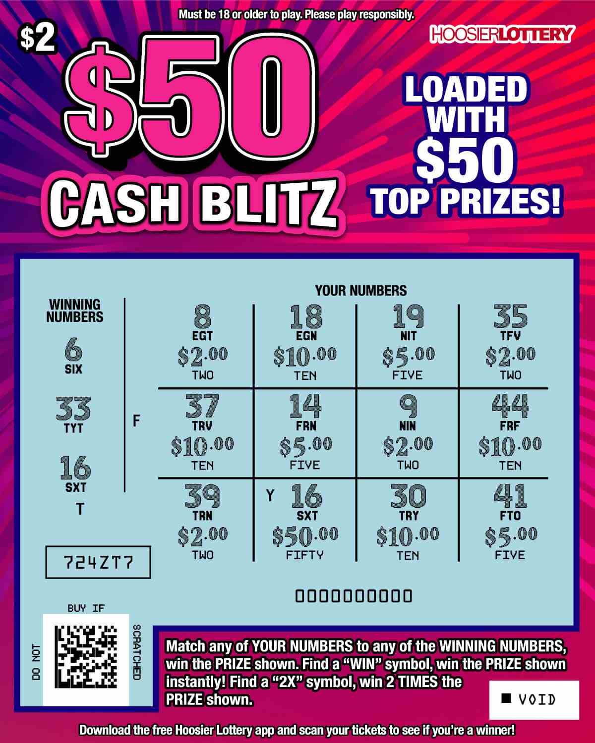 $50 Cash Blitz scratchcard - game number #2531 - front-scratched