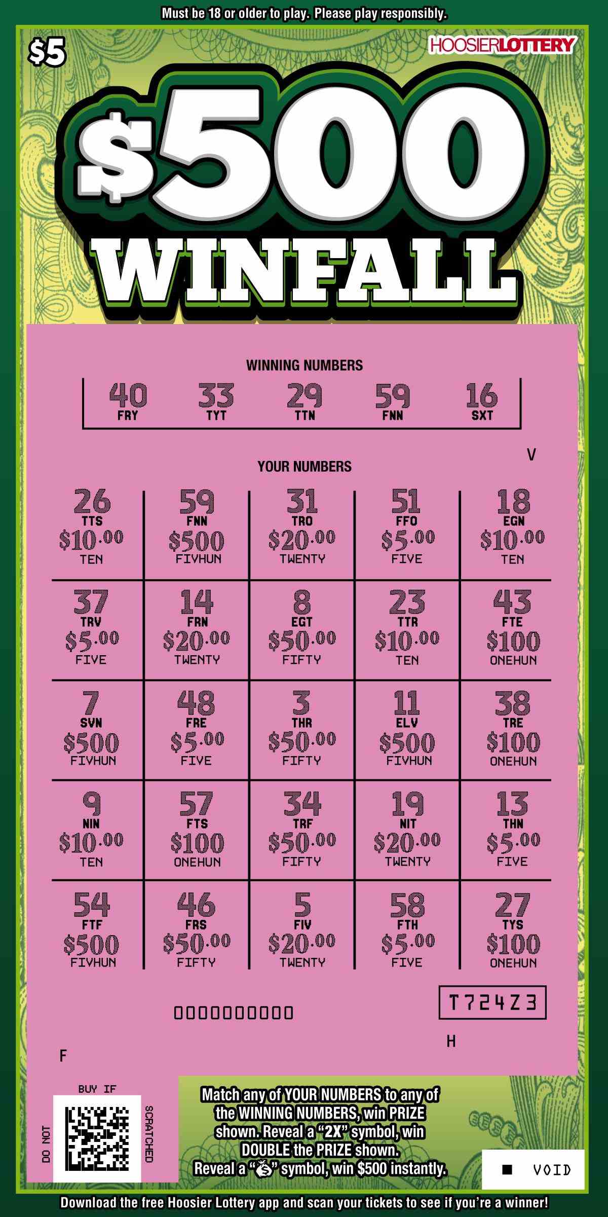 $500 Winfall scratchcard - game number #2567 - front-scratched