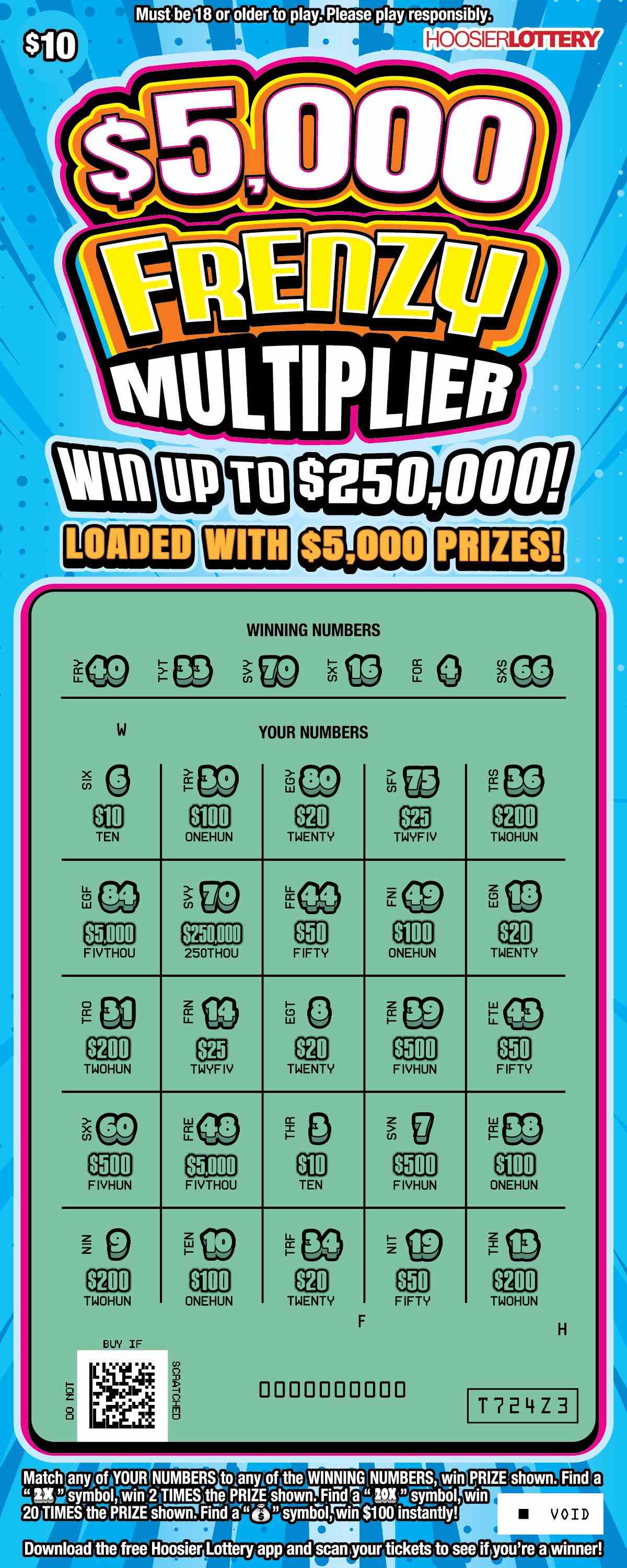 $5,000 Frenzy Multiplier scratchcard - game number #2620 - front-scratched