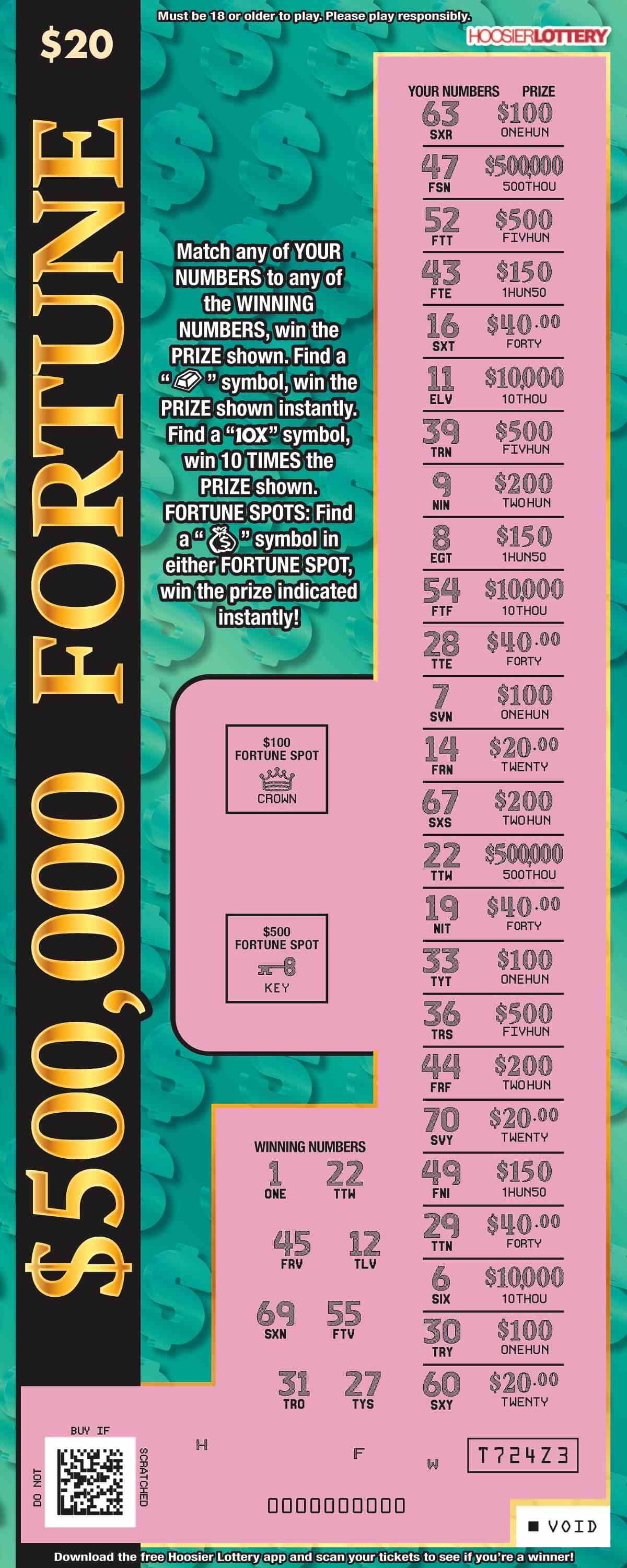 $500,000 Fortune scratchcard - game number #2505 - front-scratched