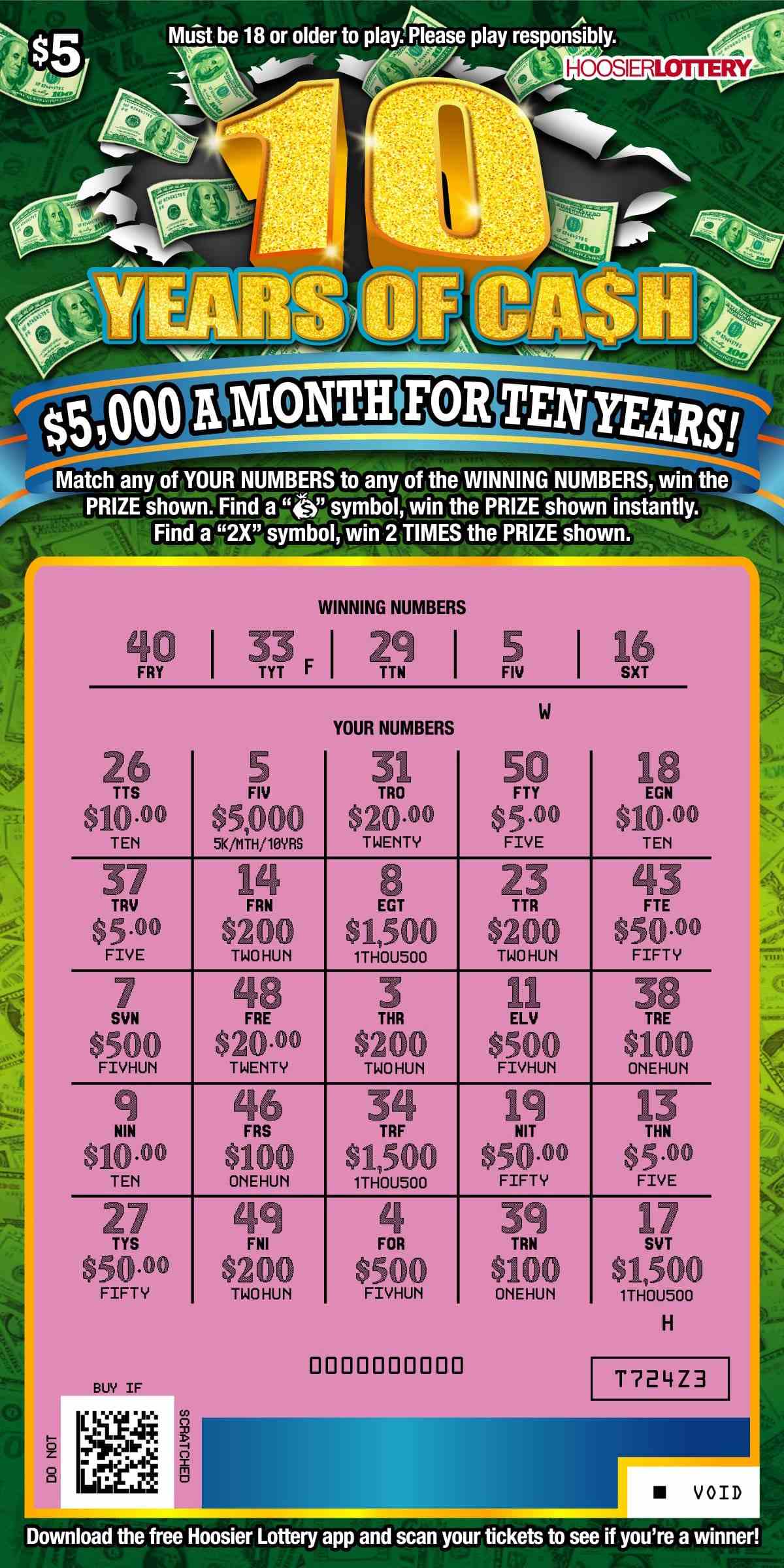 10 Years Of Cash scratchcard - game number #2578 - front-scratched