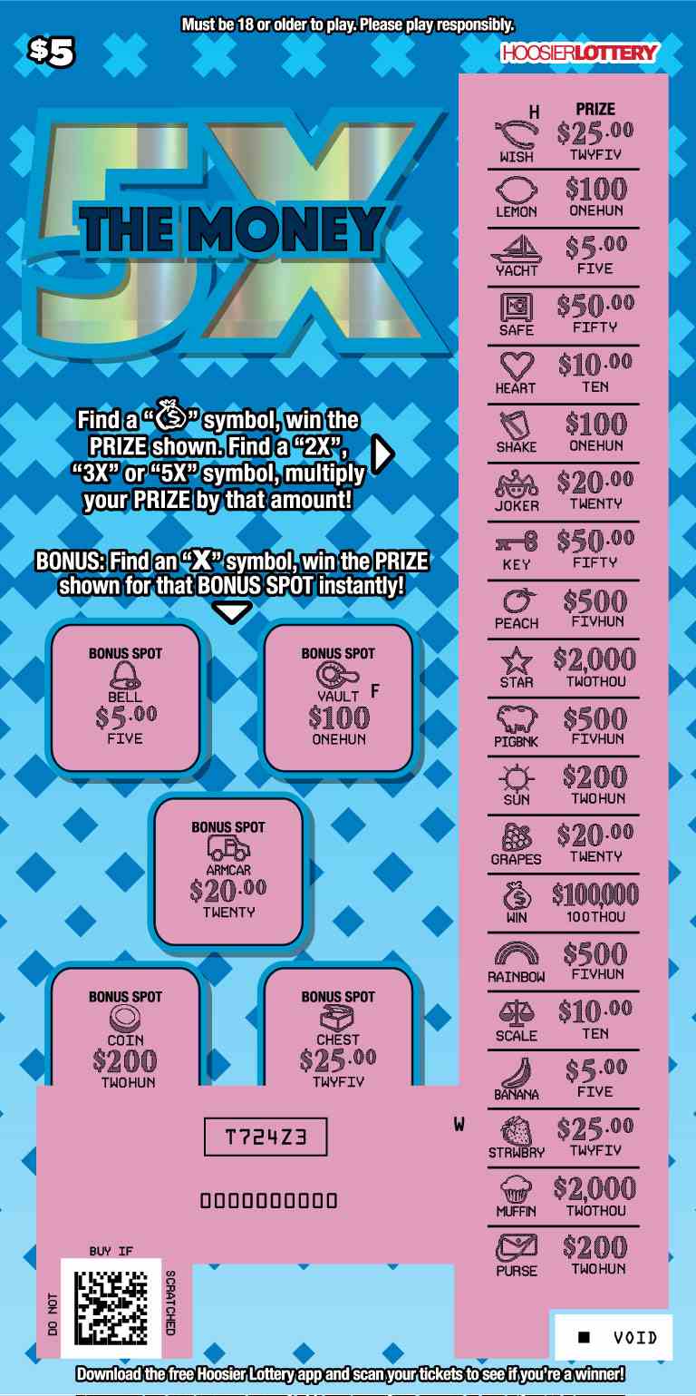 5X The Money scratchcard - game number #2572 - front-scratched
