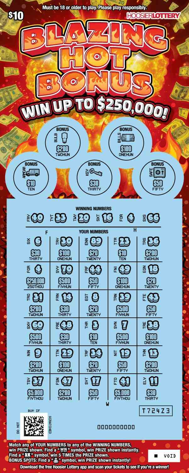 Blazing Hot Bonus scratchcard - game number #2605 - front-scratched
