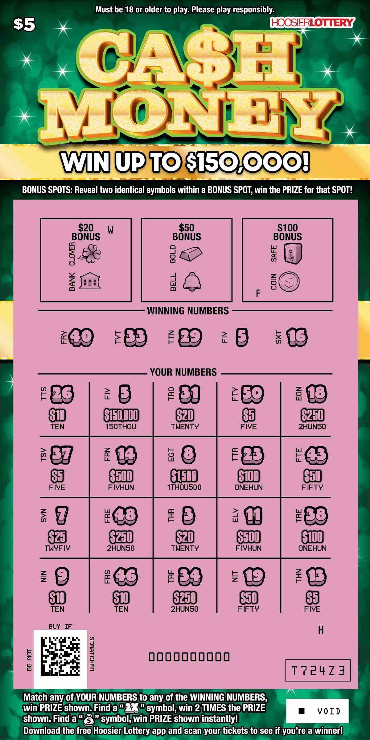 Ca$H Money scratchcard - game number #2619 - front-scratched