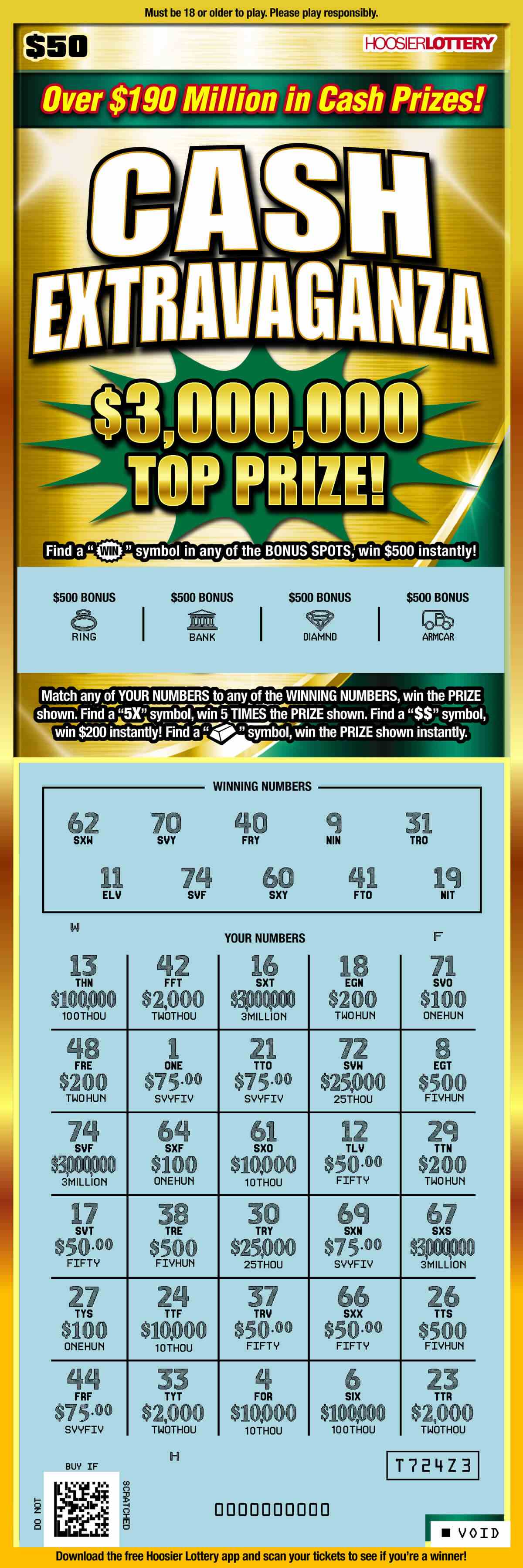 Cash Extravaganza scratchcard - game number #2510 - front-scratched