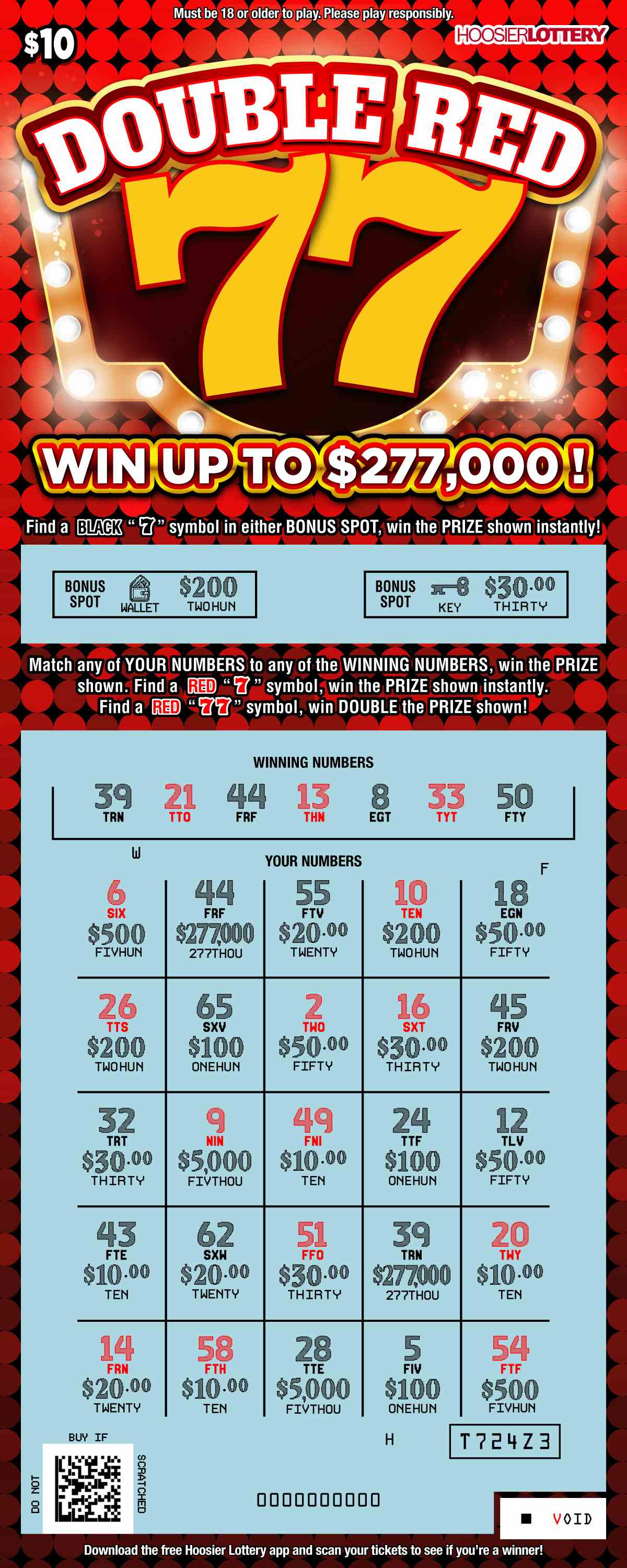 Double Red 77 scratchcard - game number #2545 - front-scratched