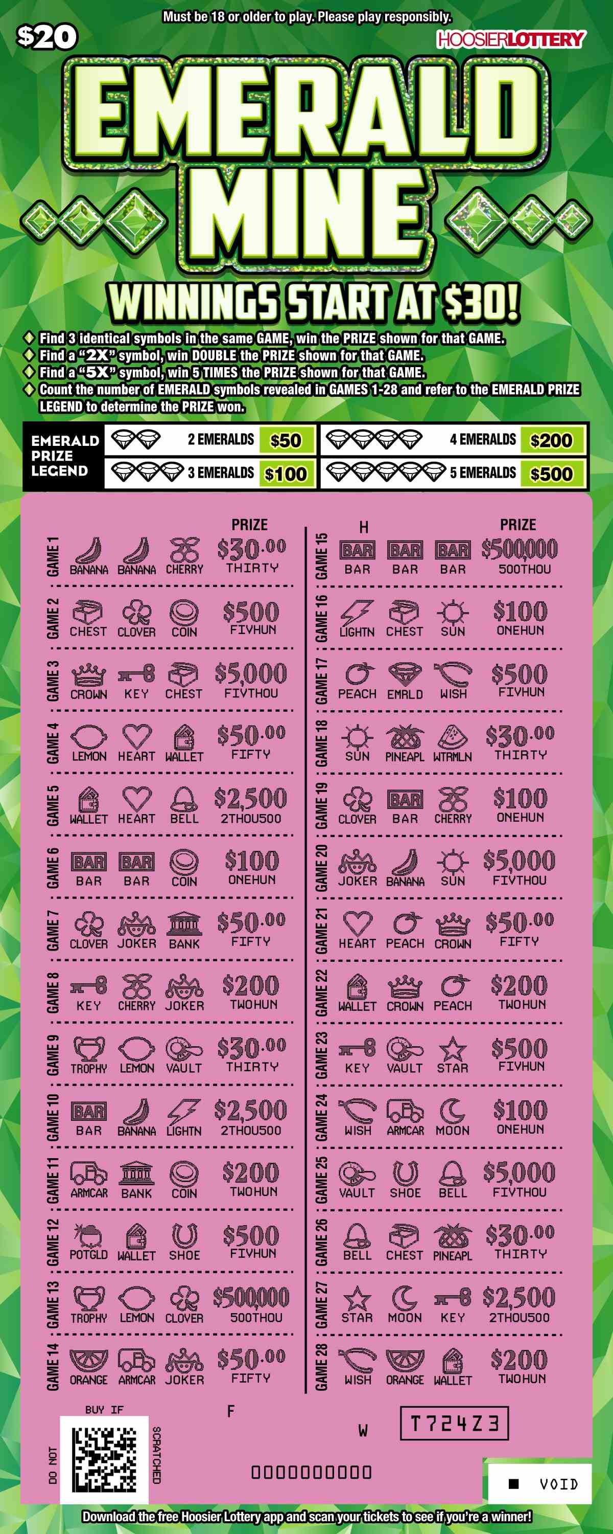 Emerald Mine scratchcard - game number #2558 - front-scratched