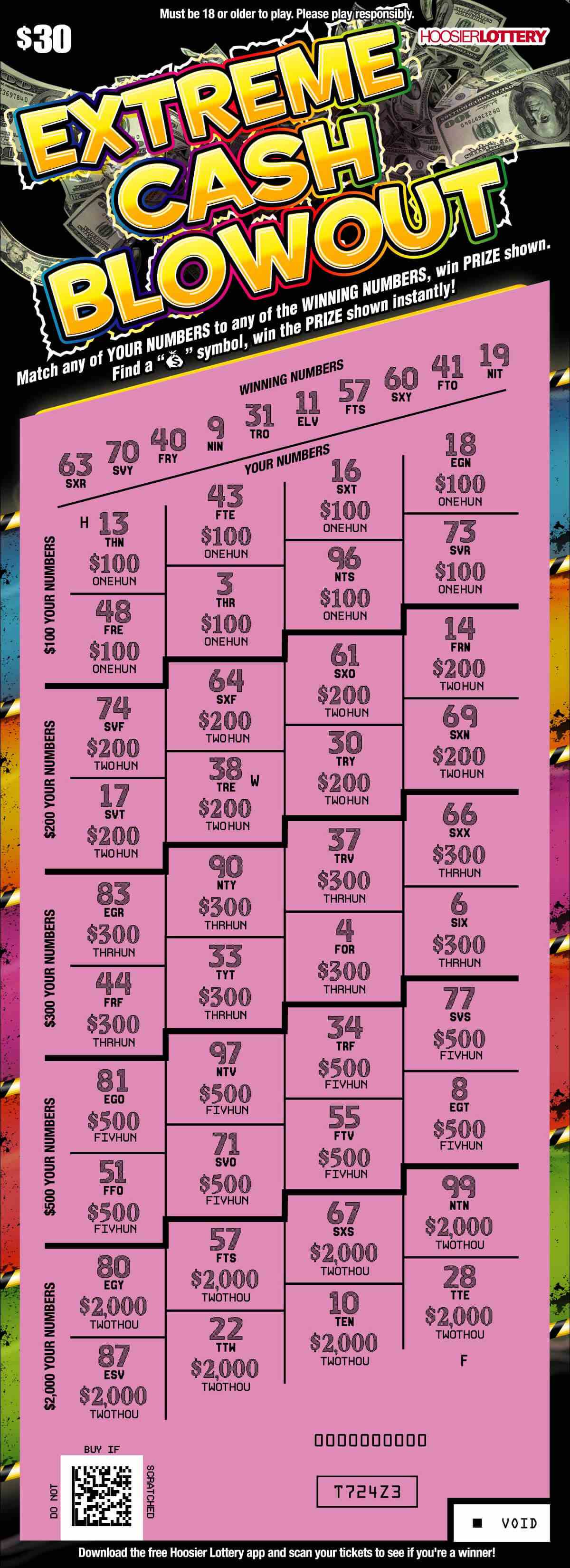 Extreme Cash Blowout scratchcard - game number #2574 - front-scratched