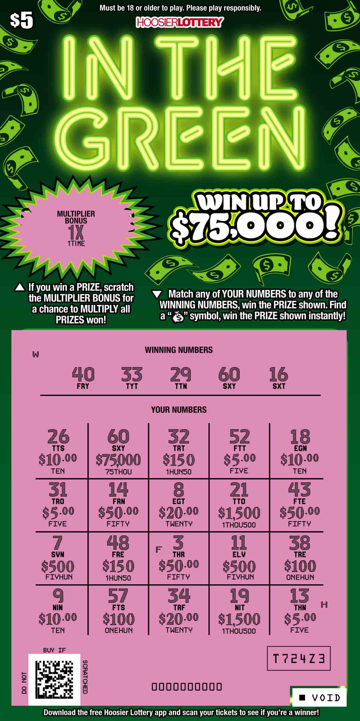 In The Green scratchcard - game number #2486 - front-scratched