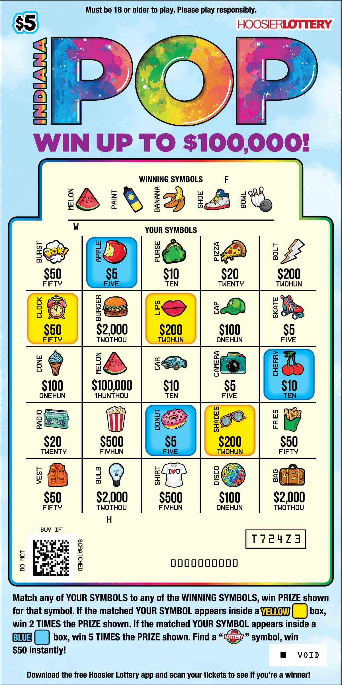 Indiana Pop scratchcard - game number #2616 - front-scratched