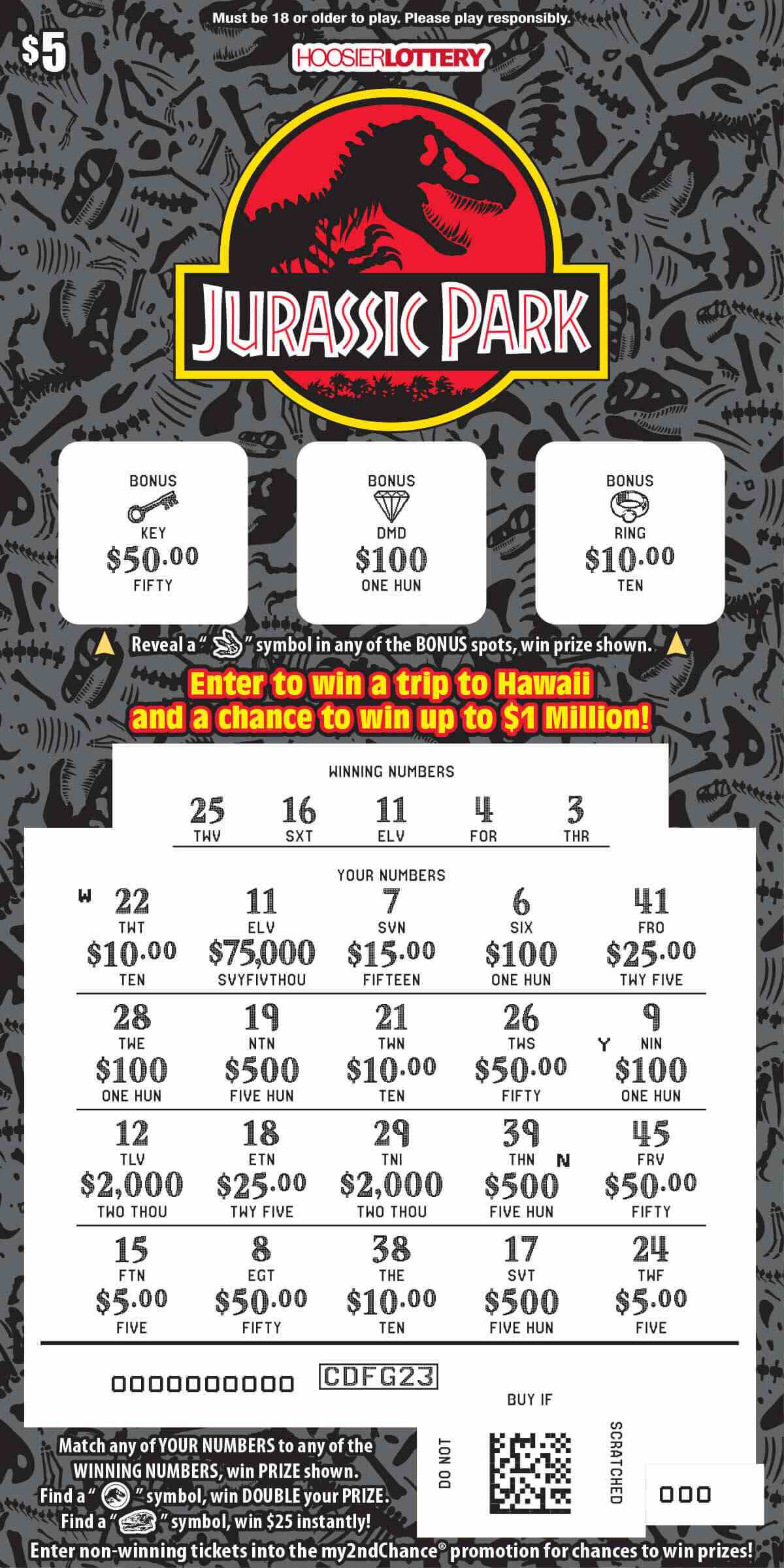 Jurassic Park scratchcard - game number #2591 - front-scratched