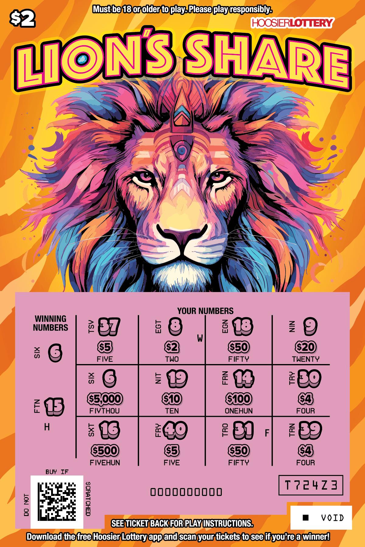 Lion,S Share scratchcard - game number #2621 - front-scratched