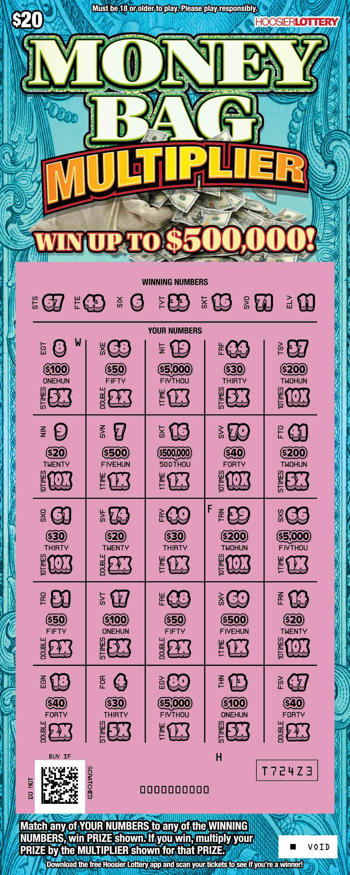 Money Bag Multiplier scratchcard - game number #2631 - front-scratched
