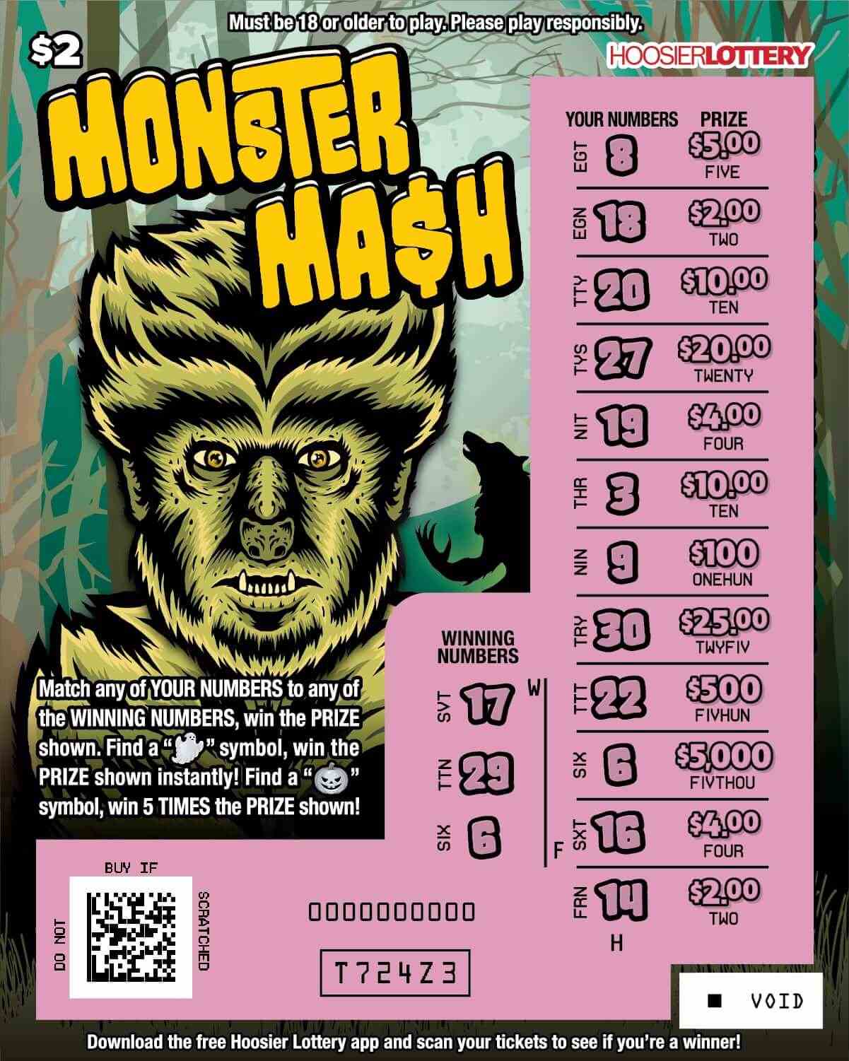 Monster Ma$H scratchcard - game number #2594 - front-scratched
