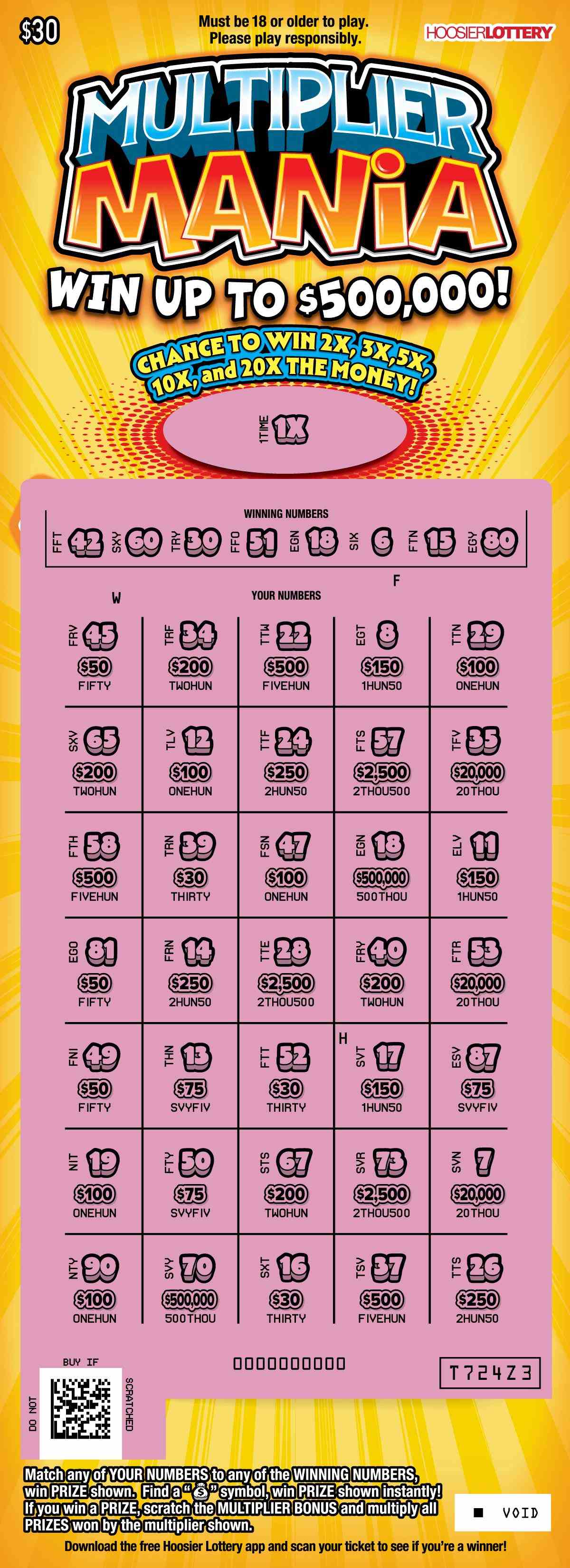 Multiplier Mania scratchcard - game number #2608 - front-scratched