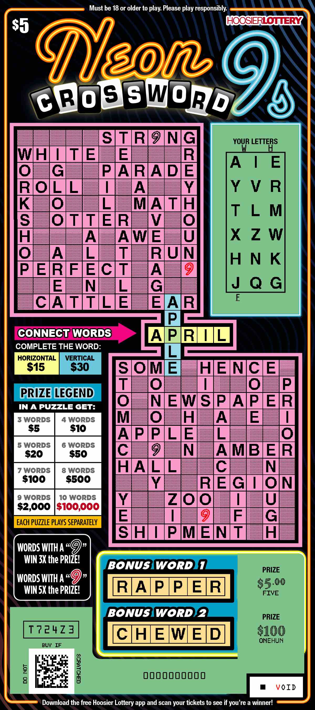 Neon 9S Crossword scratchcard - game number #2542 - front-scratched