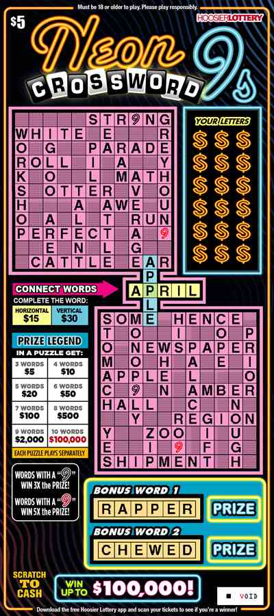 Neon 9S Crossword scratchcard - game number #2542 - front