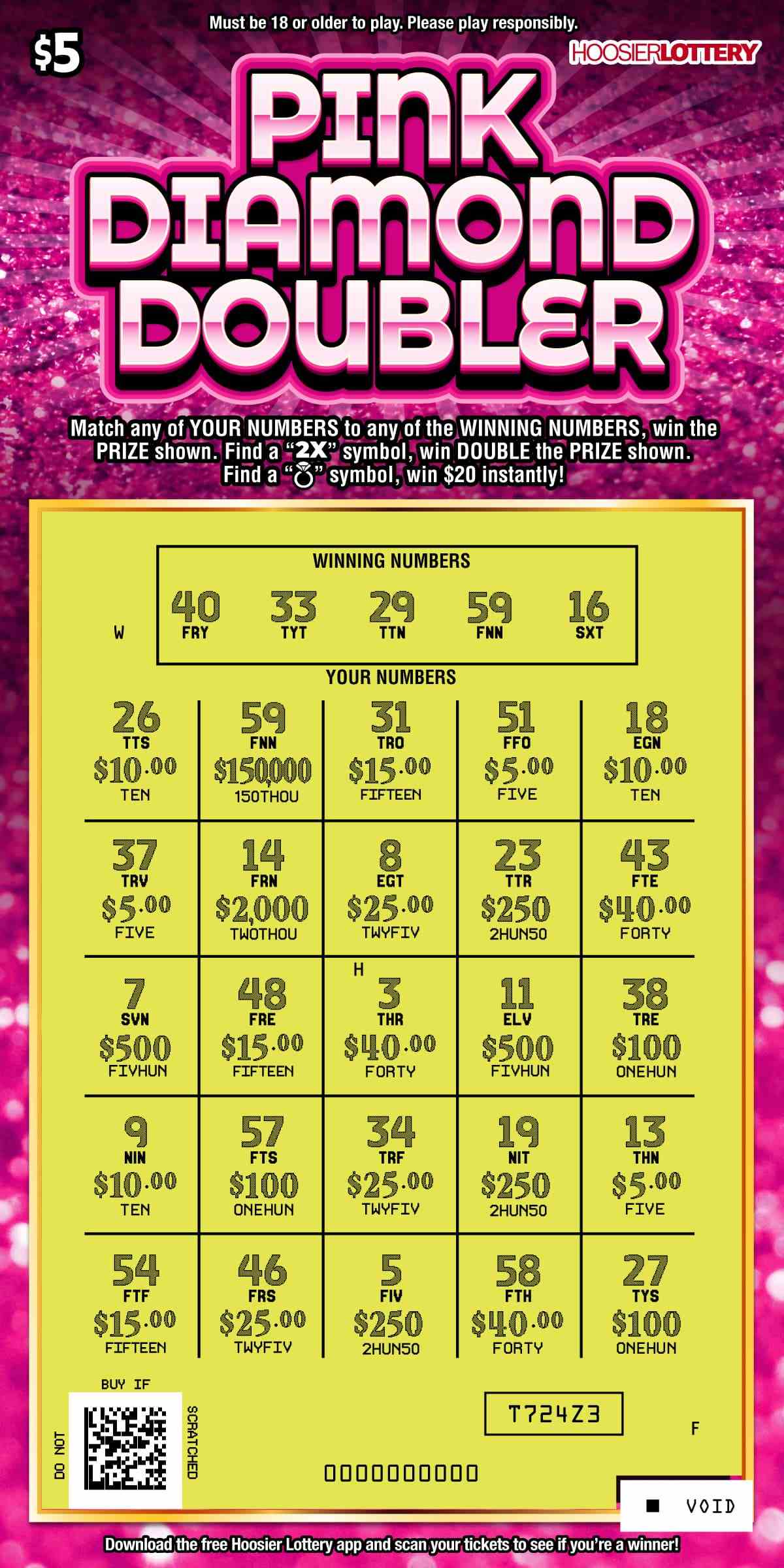 Pink Diamond Doubler scratchcard - game number #2550 - front-scratched