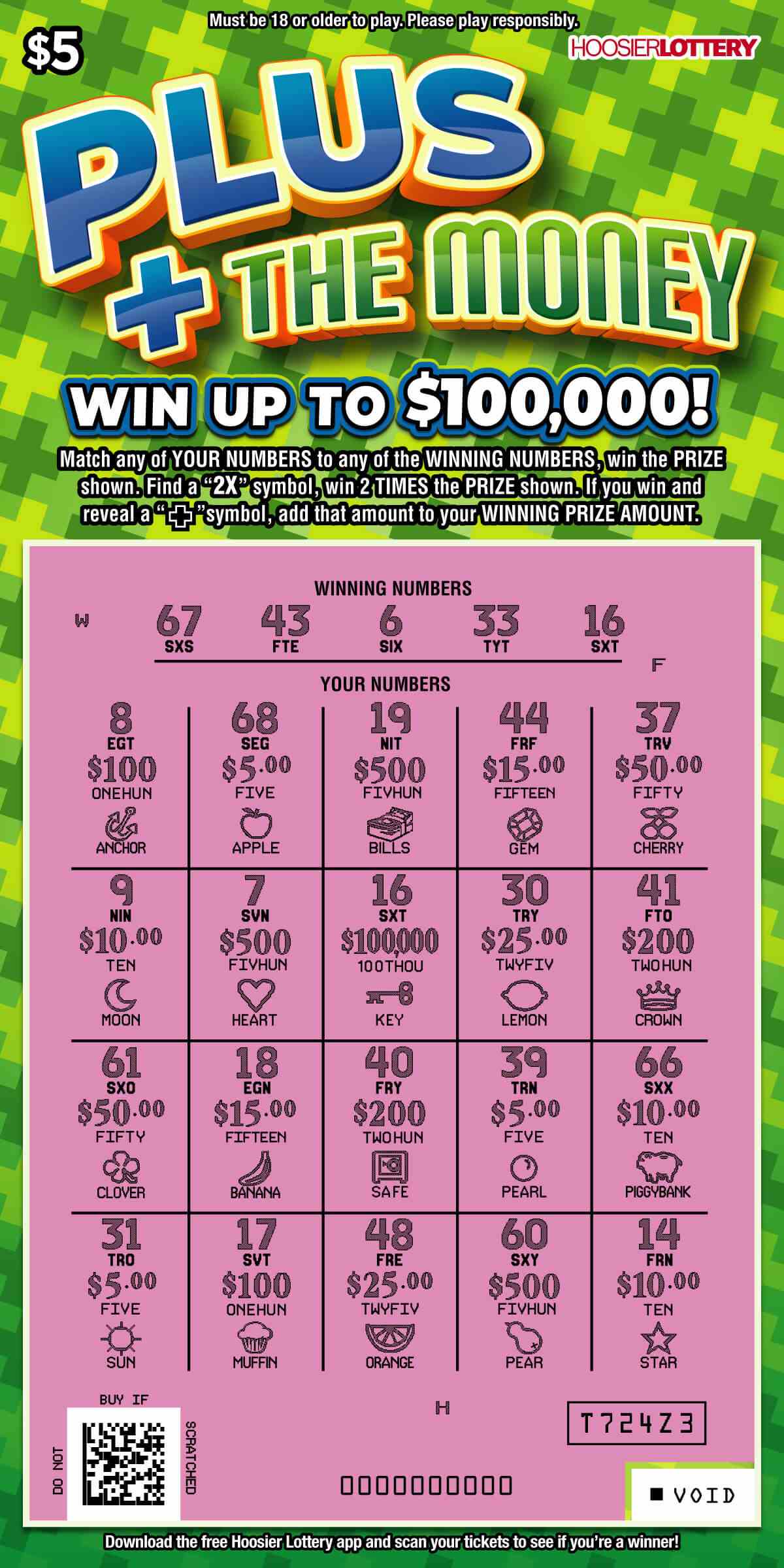 Plus The Money scratchcard - game number #2507 - front-scratched