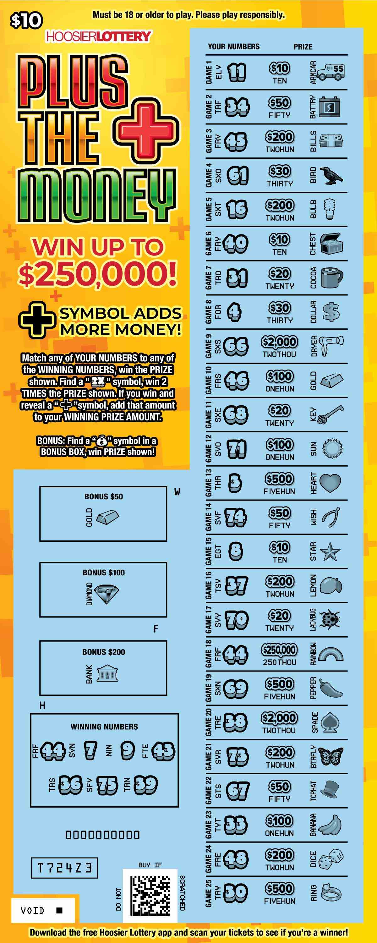 Plus The Money scratchcard - game number #2625 - front-scratched