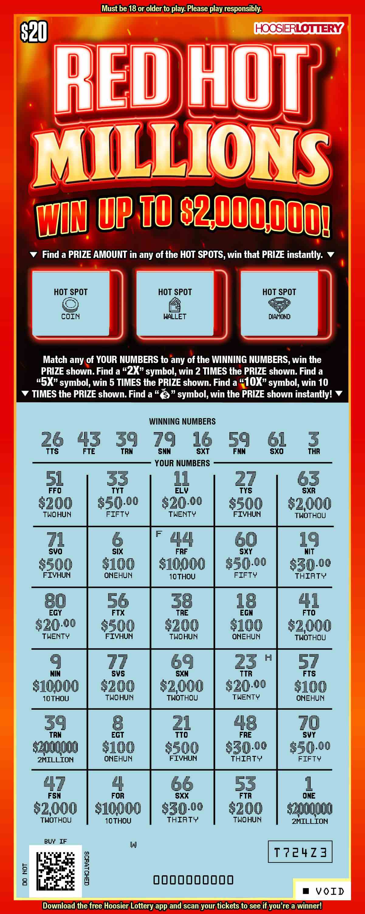 Red Hot Millions scratchcard - game number #2478 - front-scratched