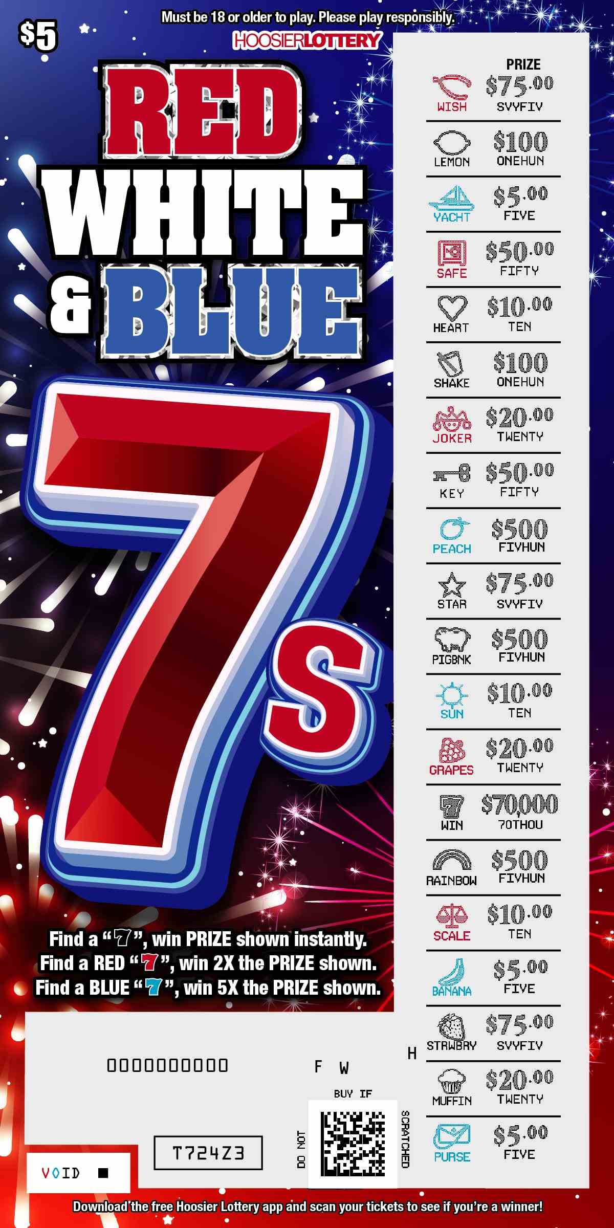 Red White & Blue 7S scratchcard - game number #2584 - front-scratched
