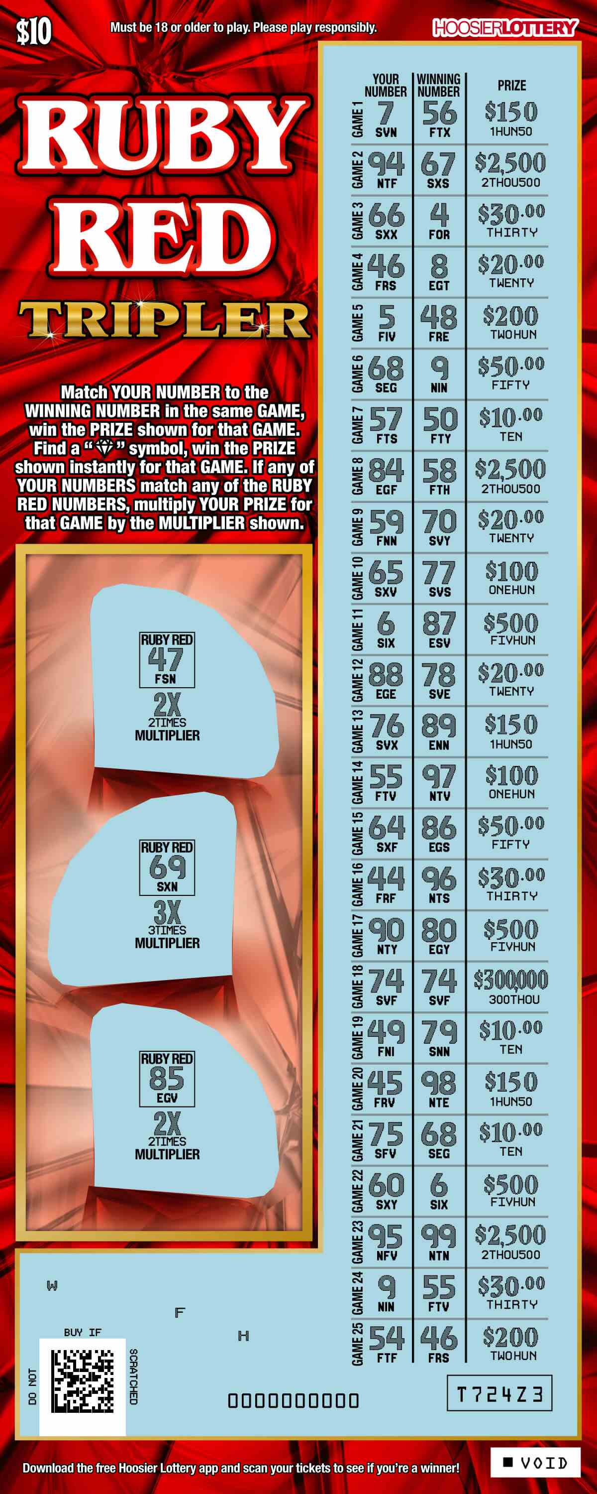 Ruby Red Tripler scratchcard - game number #2515 - front-scratched