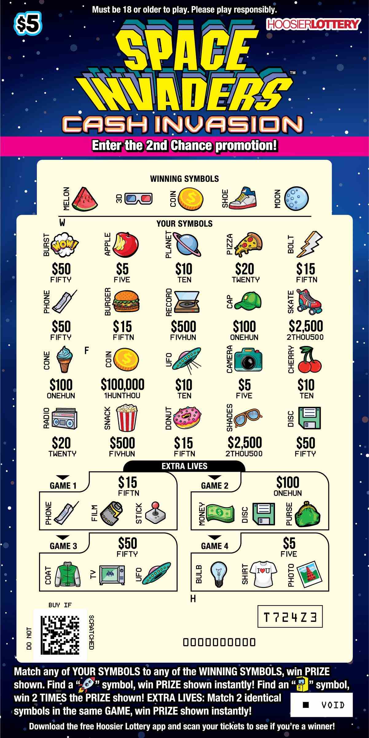 Space Invaders Cash Invas scratchcard - game number #2624 - front-scratched