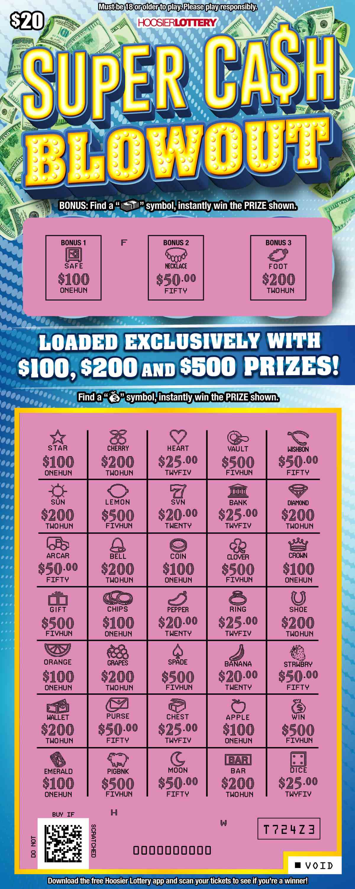Super Cash Blowout scratchcard - game number #2362 - front-scratched