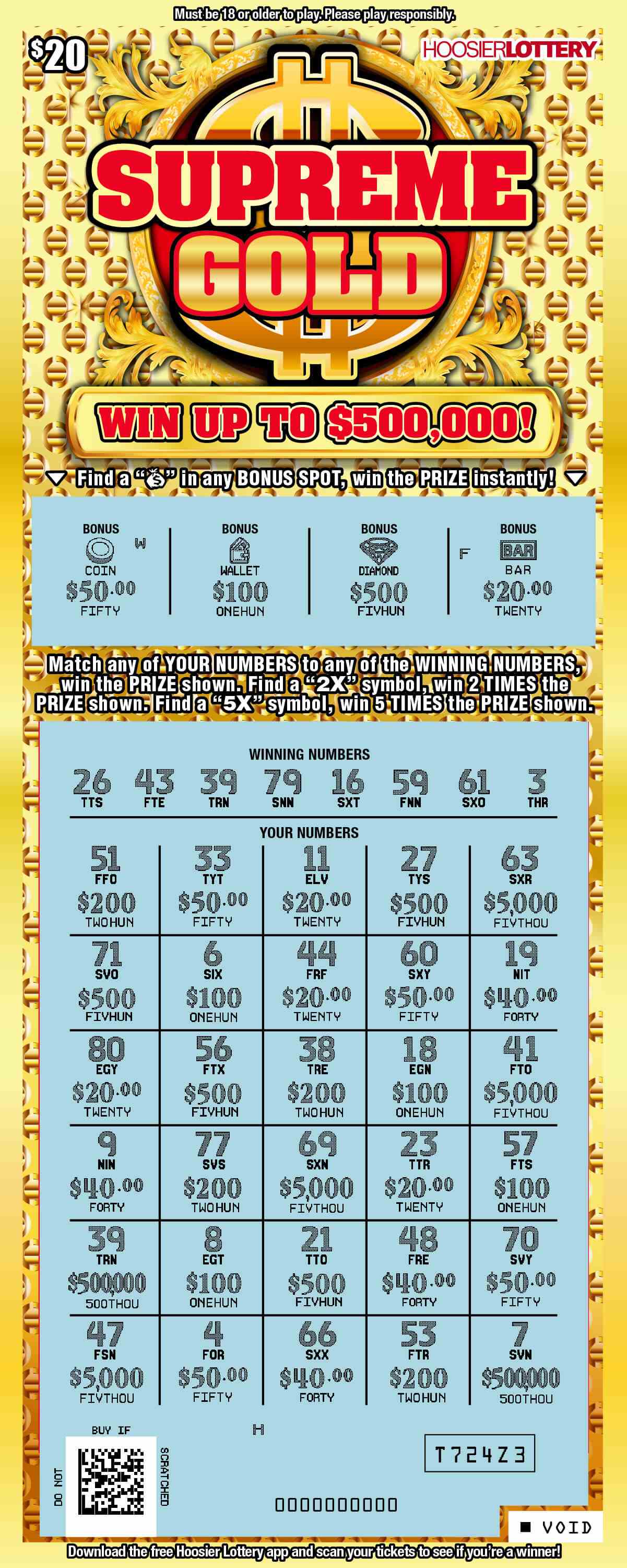 Supreme Gold scratchcard - game number #2492 - front-scratched